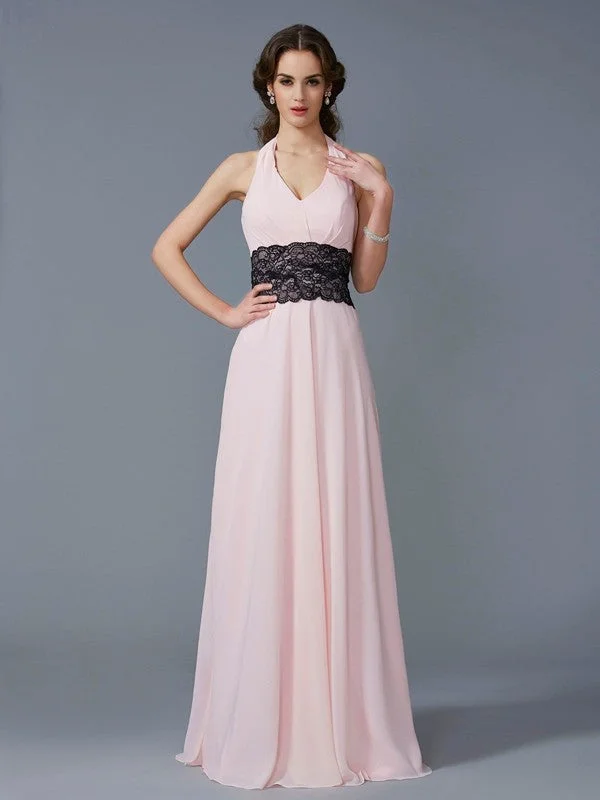 maxi dresses for black-tie eventsA-Line/Princess Halter Sleeveless Applique Long Chiffon Dresses