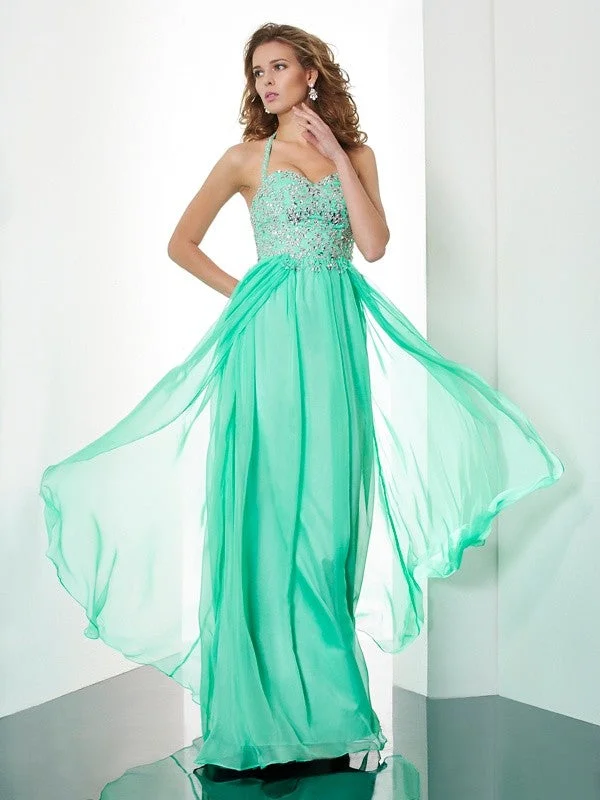 maxi dresses with long sleevesA-Line/Princess Halter Sleeveless Beading Applique Long Chiffon Dresses