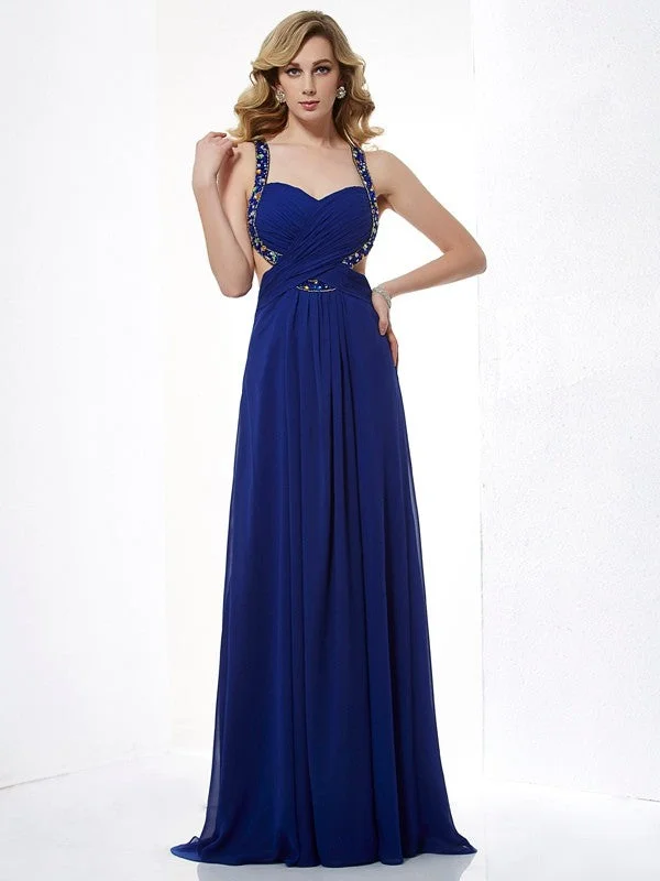 maxi dresses with hidden pocketsA-Line/Princess Halter Sleeveless Beading Long Chiffon Dresses