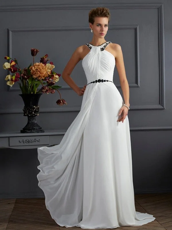 casual maxi dressesA-Line/Princess High Neck Sleeveless Beading Long Chiffon Dresses