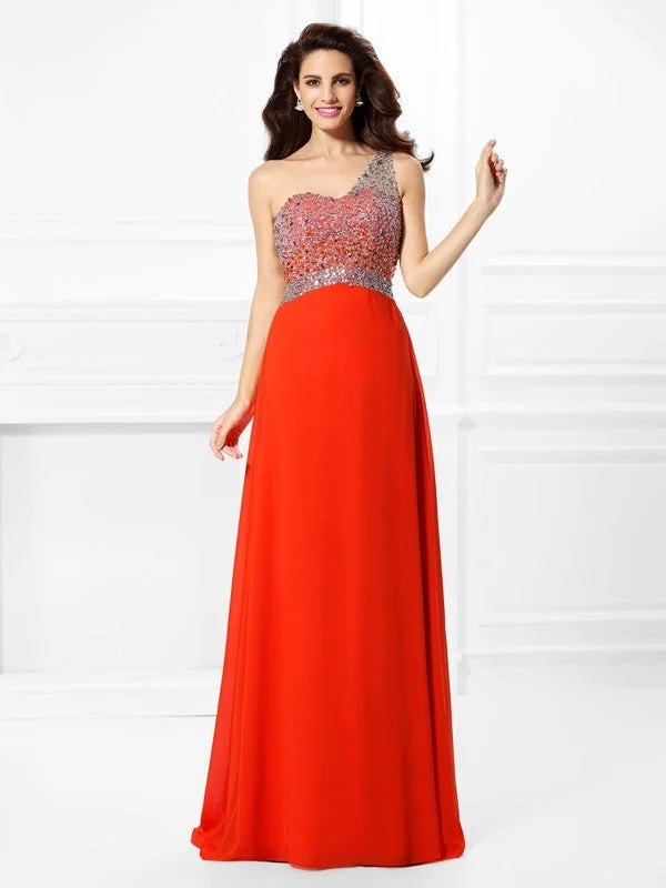 maxi dresses with appliquésA-Line/Princess One-Shoulder Beading Sleeveless Long Chiffon Dresses