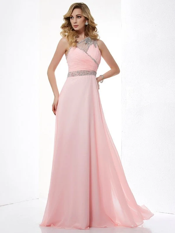 maxi dresses with zippersA-Line/Princess One-Shoulder Sleeveless Beading Chiffon Long Dresses