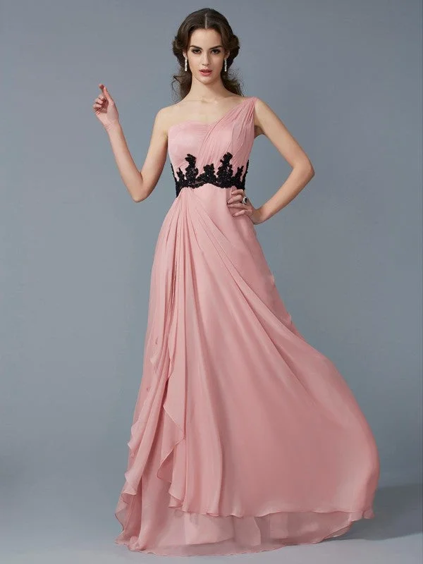 maxi dresses with built-in brasA-Line/Princess One-Shoulder Sleeveless Beading Long Applique Chiffon Dresses