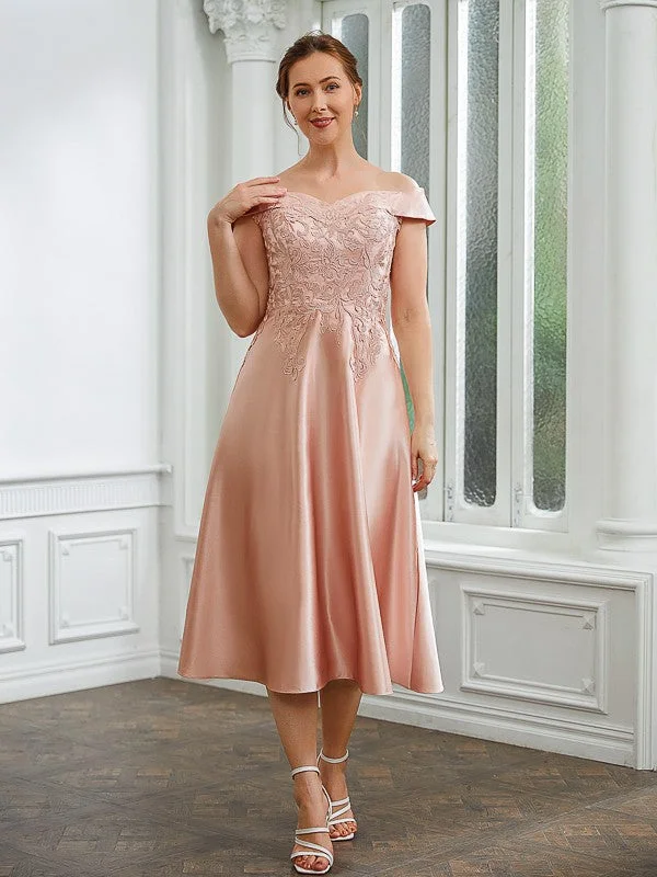 sequined wedding dressesA-Line/Princess Satin Applique Off-the-Shoulder Sleeveless Tea-Length Mother of the Bride Dresses