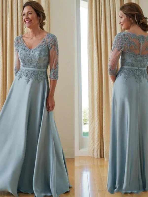 chiffon wedding dressesA-Line/Princess Satin Applique V-neck 3/4 Sleeves Floor-Length Mother of the Bride Dresses