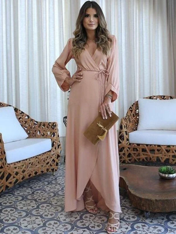 modern wedding dressesA-Line/Princess Silk like Satin Ruched V-neck Long Sleeves Floor-Length Mother of the Bride Dresses