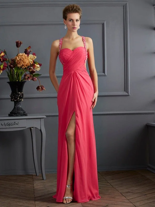 maxi dresses with halter necksA-Line/Princess Sleeveless Strapless Beading Long Chiffon Dresses