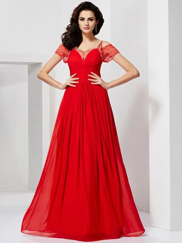 chiffon maxi dressesA-Line/Princess Spaghetti Straps Short Sleeves Ruffles Long Chiffon Dresses