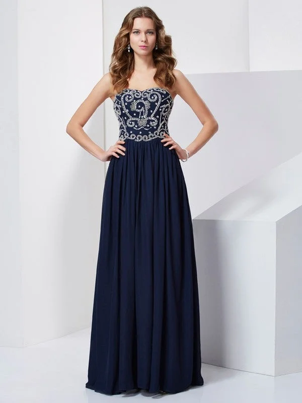 maxi dresses with cap sleevesA-Line/Princess Strapless Beading Sleeveless Long Chiffon Dresses