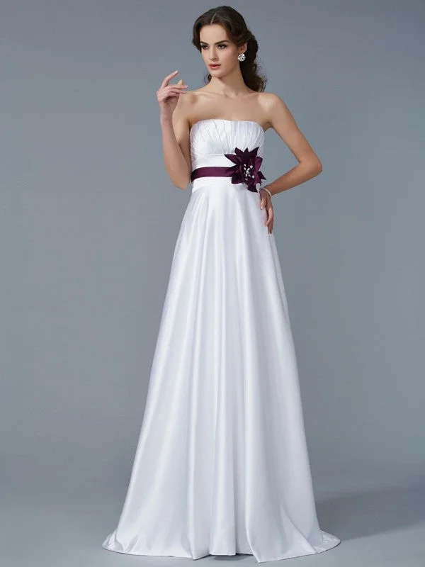 maxi dresses for curvesA-Line/Princess Strapless Sleeveless Hand-Made Flower Long Satin Dresses