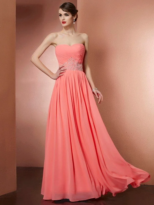 maxi dresses for music festivalsA-Line/Princess Strapless Sleeveless Pleats Beading Long Chiffon Dresses