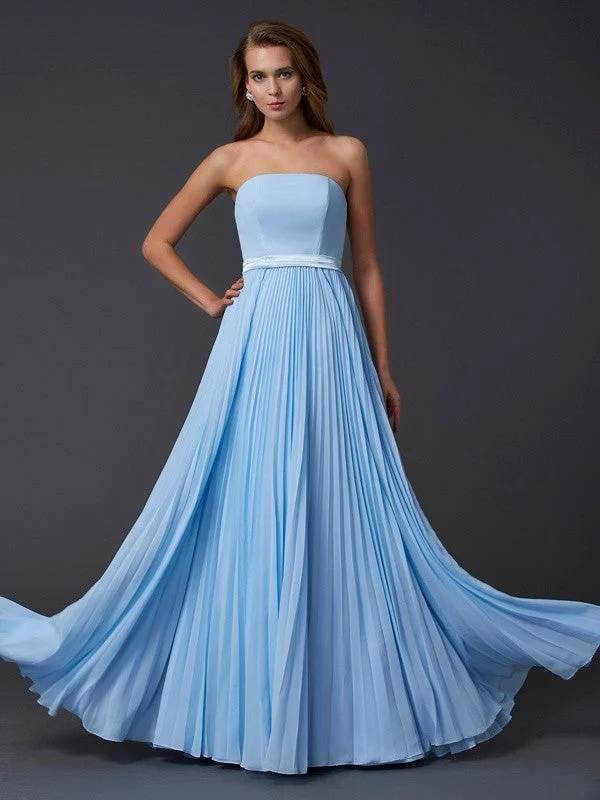 maxi dresses with sleevesA-Line/Princess Strapless Sleeveless Ruched Long Chiffon Dresses