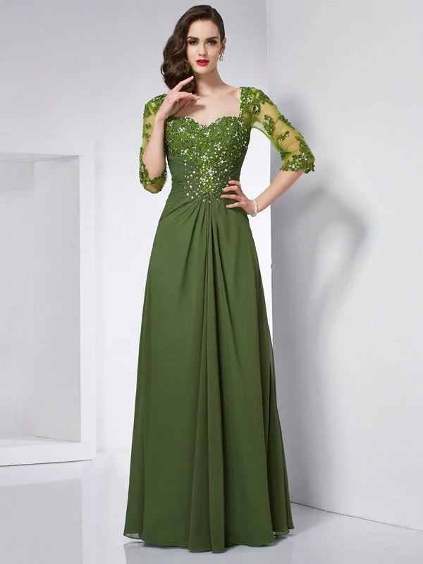 maxi dresses with spaghetti strapsA-Line/Princess Sweetheart 3/4 Sleeves Beading Long Chiffon Dresses