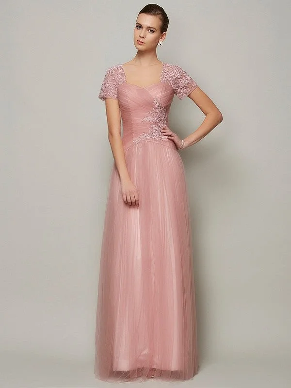 solid color maxi dressesA-Line/Princess Sweetheart Short Sleeves Beading Long Satin Dresses