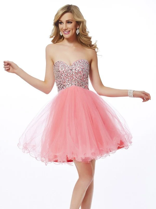 polka dot party dressesA-Line/Princess Sweetheart Sleeveless Beading Short Net Homecoming Dresses