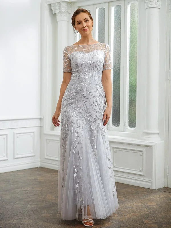 wedding dress with detachable trainA-Line/Princess Tulle Ruched Bateau Short Sleeves Ankle-Length Mother of the Bride Dresses