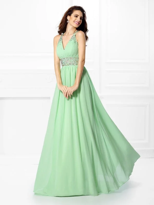 maxi dresses for girlsA-Line/Princess V-neck Beading Sleeveless Long Chiffon Dresses