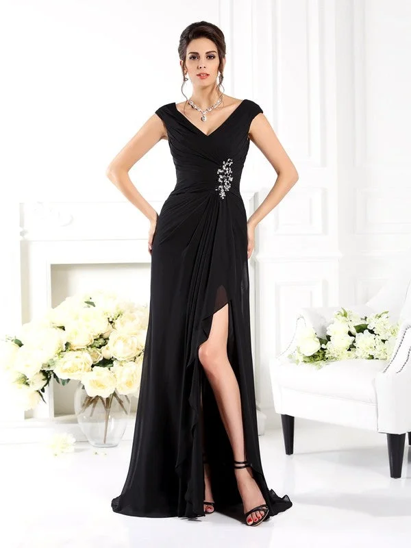 detailed wedding dressesA-Line/Princess V-neck Ruffles Sleeveless Long Chiffon Mother of the Bride Dresses