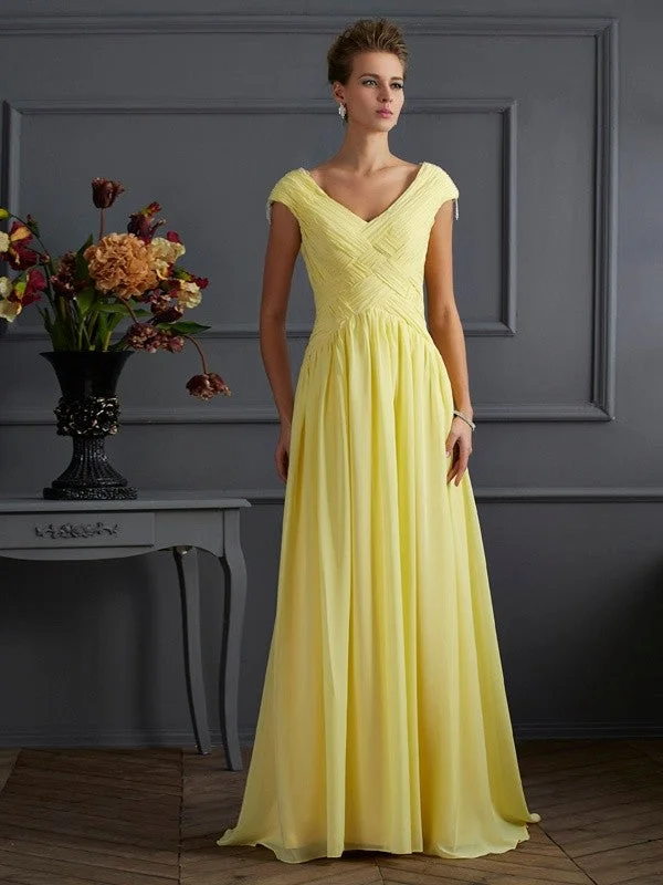 maxi dresses for day-to-night wearA-Line/Princess V-neck Short Sleeves Pleats Long Chiffon Dresses