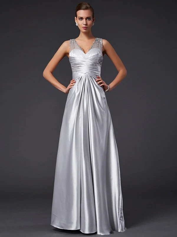 maxi dresses for cocktail partiesA-Line/Princess V-neck Sleeveless Beading Long  Woven Satin Dresses