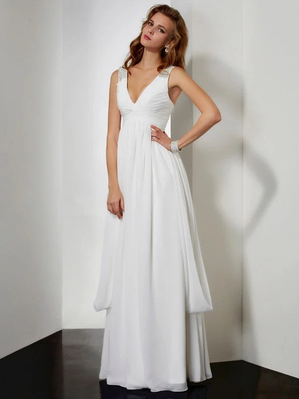 maxi dresses with A-line silhouettesA-Line/Princess V-neck Sleeveless Rhinestone Long Chiffon Dresses