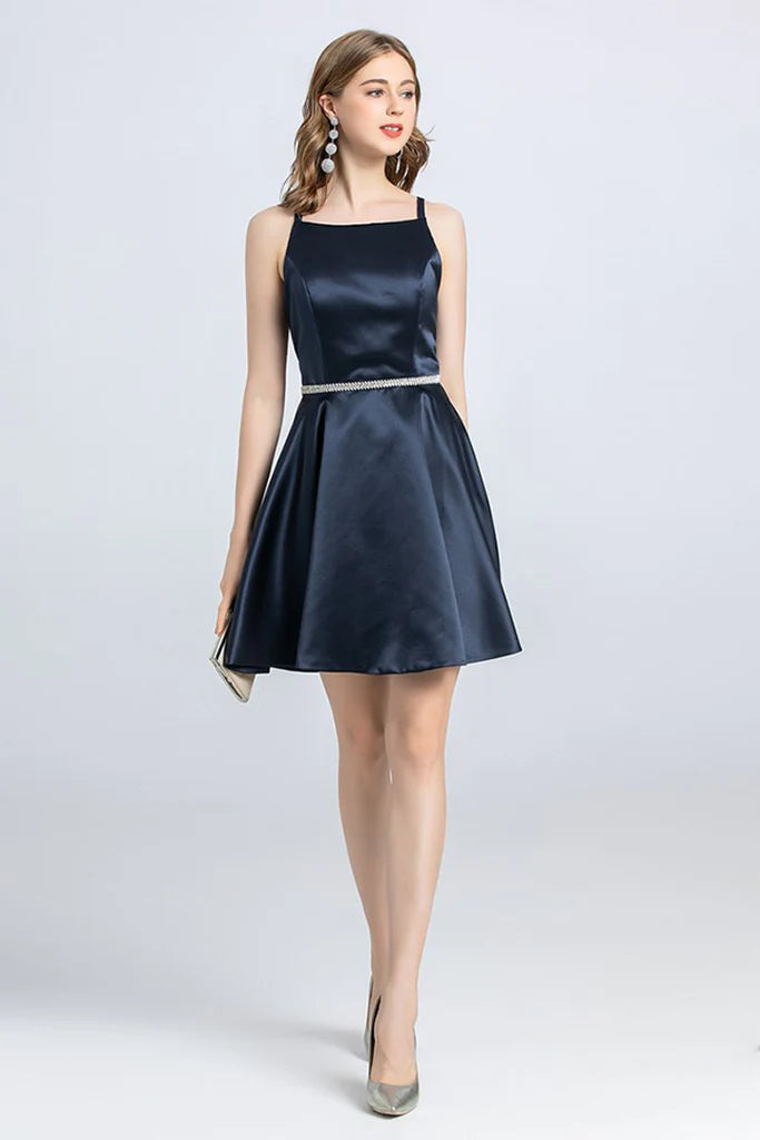 empire waist party dressesA-Line Spaghetti Strap Sleeveless Open Back Satin Homecoming Dress