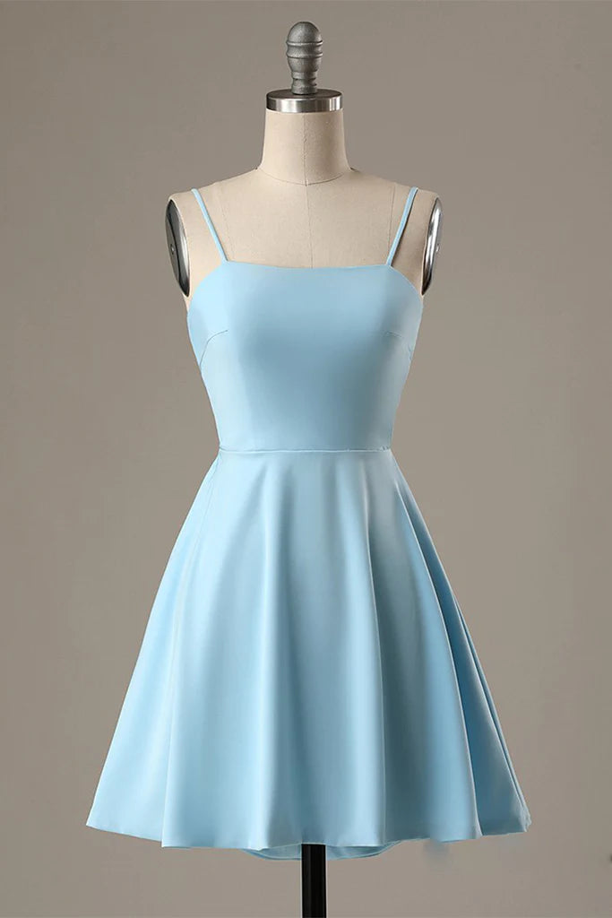 tulle party dressesA-Line Spaghetti Straps Short Blue Satin Homecoming Dress