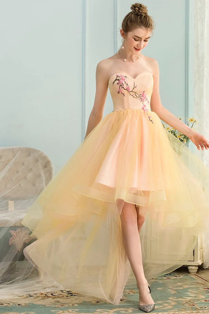 mermaid party dressesA-Line Sweetheart High Low Yellow Stretch Satin Homecoming Dress with Appliques