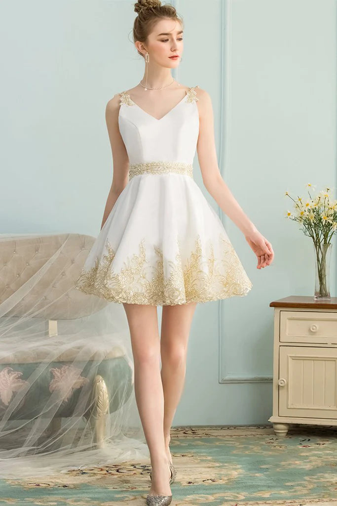 bodycon party dressesA-Line V-Neck Appliques Short White Satin Homecoming Dress