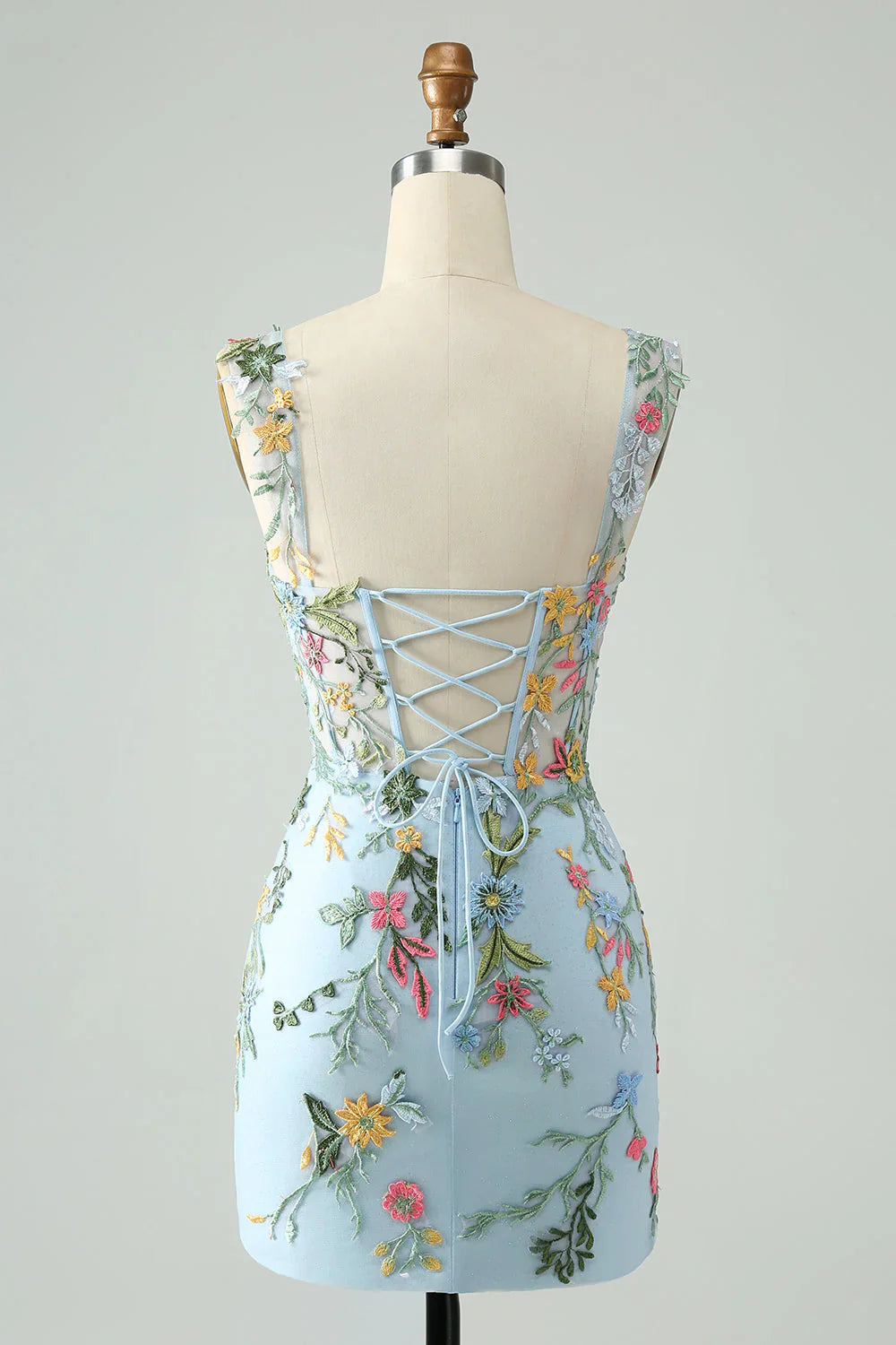 prom party dressesBlue Floral of the Shoulder Corset Short Homecoming Dress with Embroidery