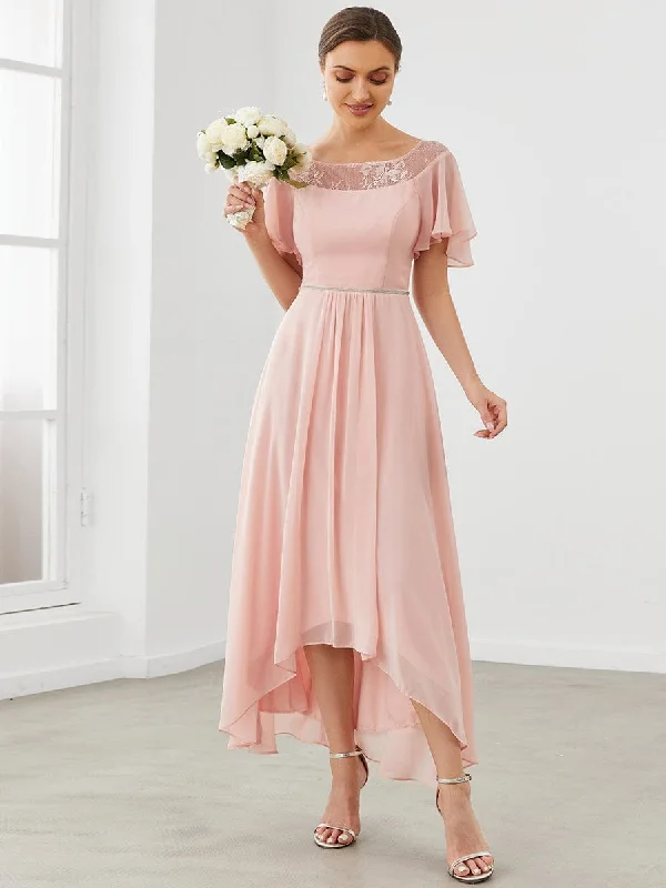 custom-fitted wedding dressesChiffon Ruffle Sleeves Asymmetrical Hem Mother of the Bride Dress