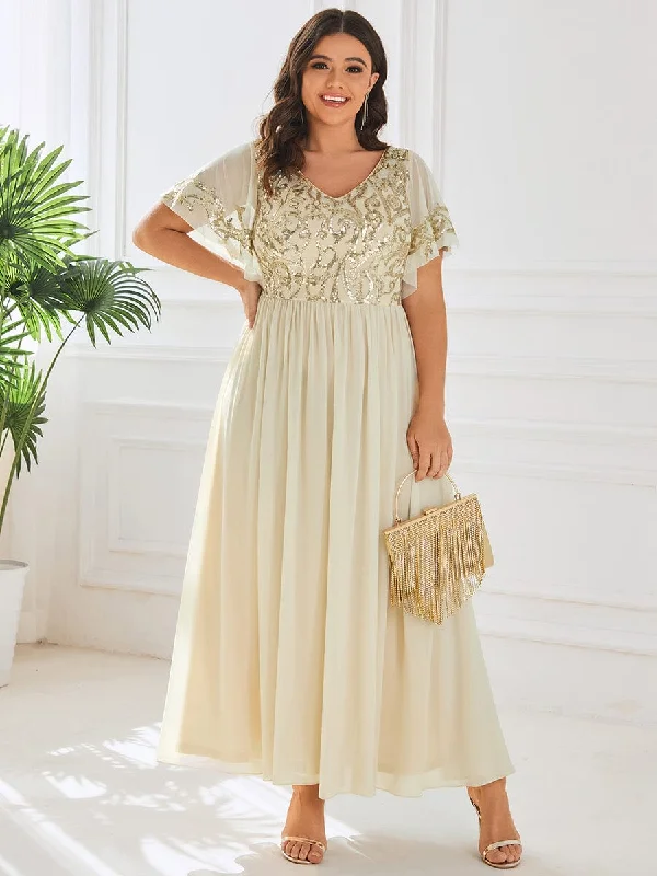 mother-of-the-bride wedding dressesCustom Size V-Neck Short Sleeve Sequin Bodice Mother of the Bride Dress