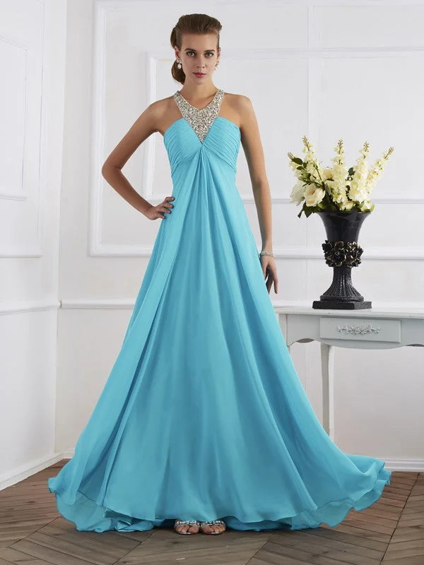 maxi dresses for weddingsEmpire Halter Sleeveless Beading Long Chiffon Dresses