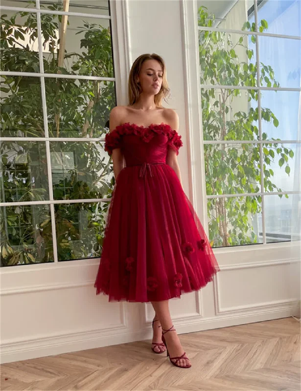 bachelorette party dressesFancy A-Line Cocktail Dresses for Women Floral Appliques Homecoming Dresses Elegant Off Shoulder Tea Length Tulle with Slit 2024