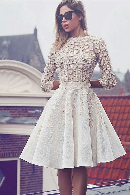 silk party dressesGlamorous Lace Short Flowers A-Line 3/4 Sleeves Hoco Knee-Length Homecoming Dresses