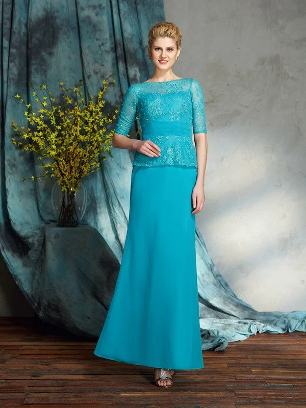 halter neck wedding dressesSheath/Column Bateau Applique 1/2 Sleeves Long Chiffon Mother of the Bride Dresses