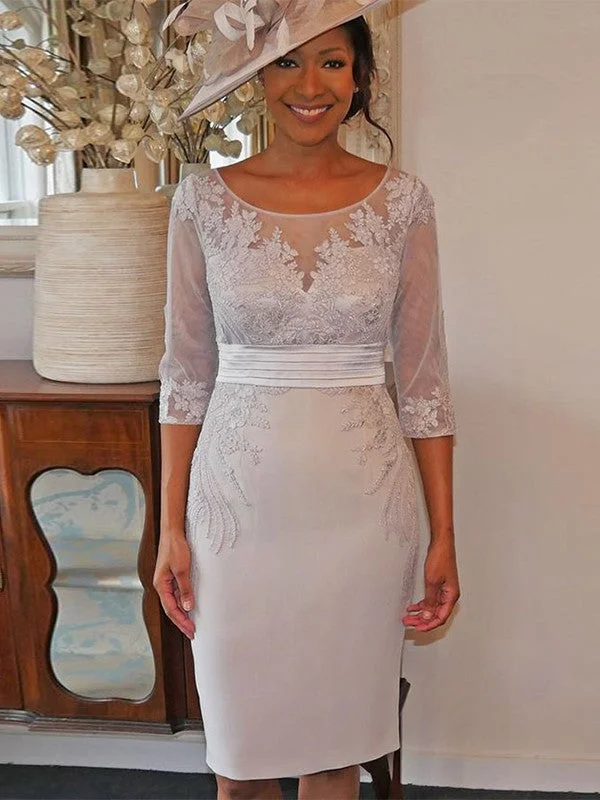 appliqued wedding dressesSheath/Column  Woven Satin Applique Scoop 3/4 Sleeves Knee-Length Mother of the Bride Dresses