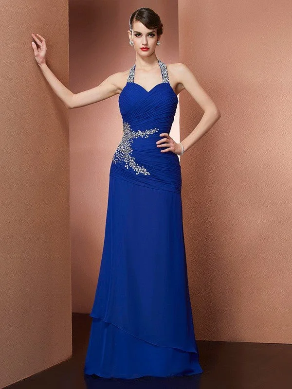 maxi dresses with adjustable strapsSheath/Column Halter Sleeveless Beading Long Chiffon Dresses