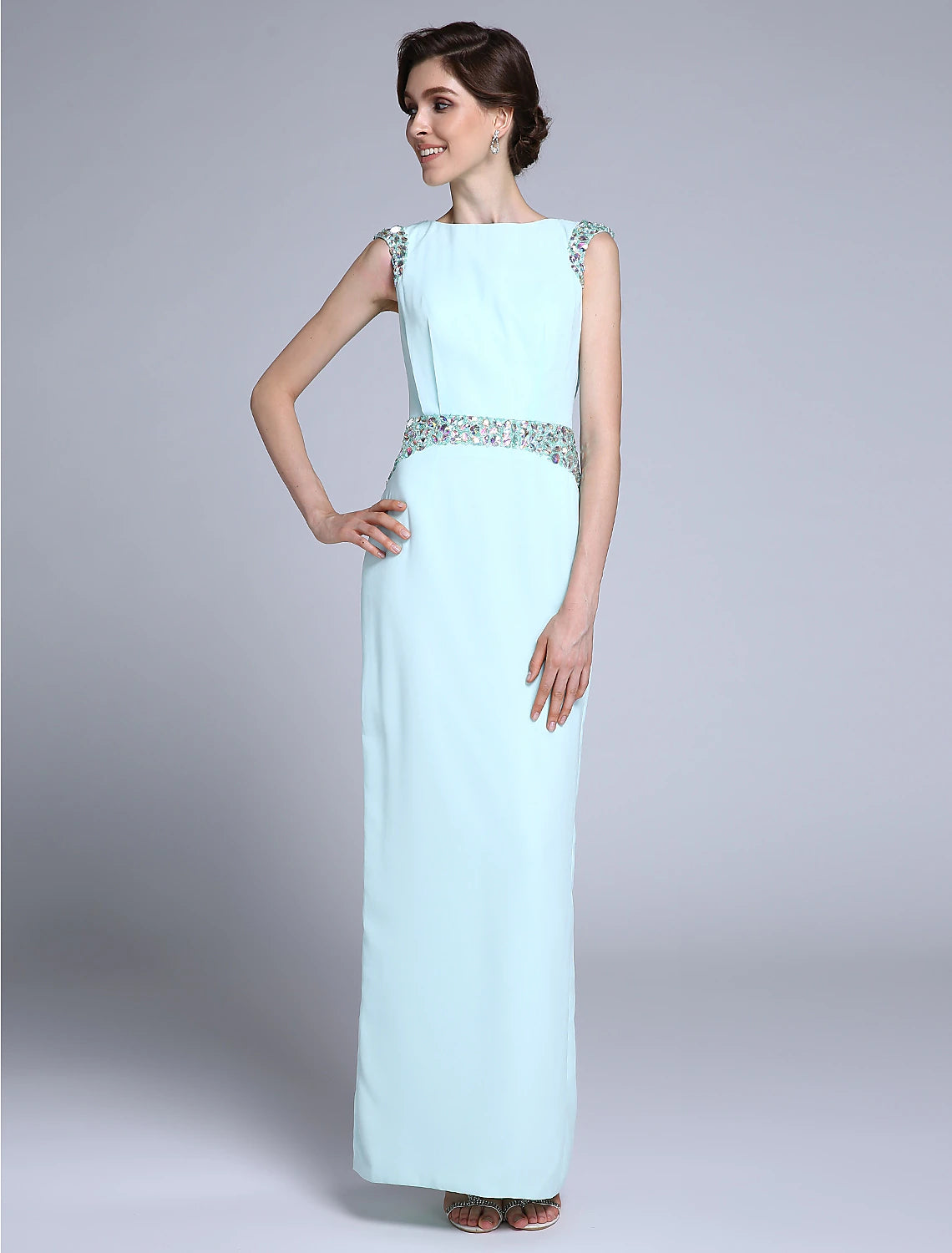 eco-friendly wedding dressesSheath / Column Mother of the Bride Dress Elegant Bateau Neck Ankle Length Chiffon Sleeveless No with Crystals