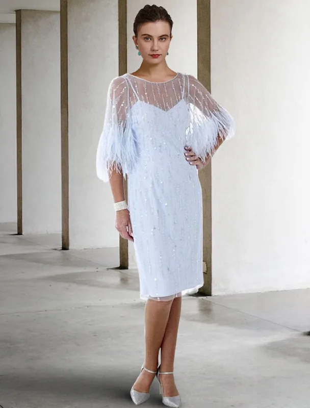 rustic chic wedding dressesSheath / Column Mother of the Bride Dress Elegant Sparkle & Shine Jewel Neck Knee Length Stretch Chiffon Half Sleeve with Feather Beading Sequin