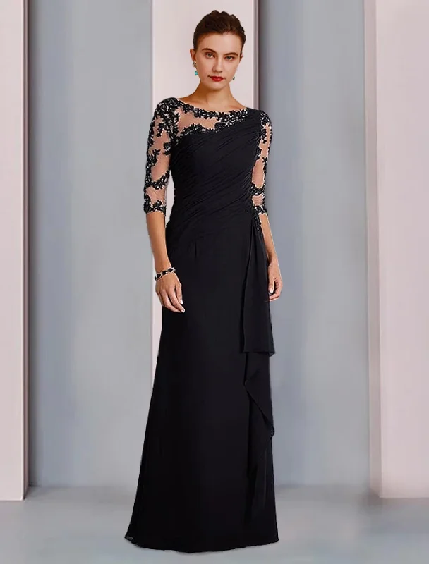 detailed wedding dressesSheath / Column Mother of the Bride Dress Formal Elegant Jewel Neck Floor Length Chiffon Lace 3/4 Length Sleeve with Beading Appliques