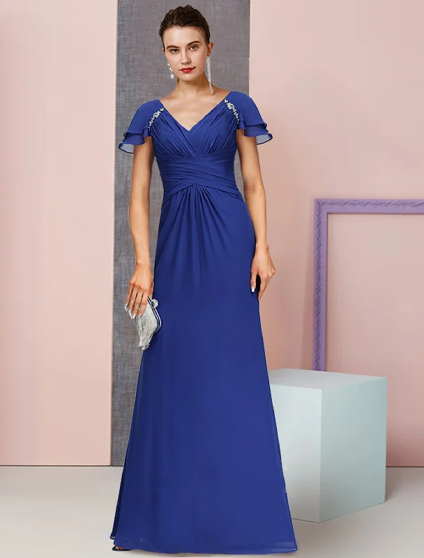 flutter sleeve wedding dressesSheath / Column Mother of the Bride Dress Formal Elegant V Neck Floor Length Chiffon Short Sleeve with Ruched Crystal Brooch Side-Draped