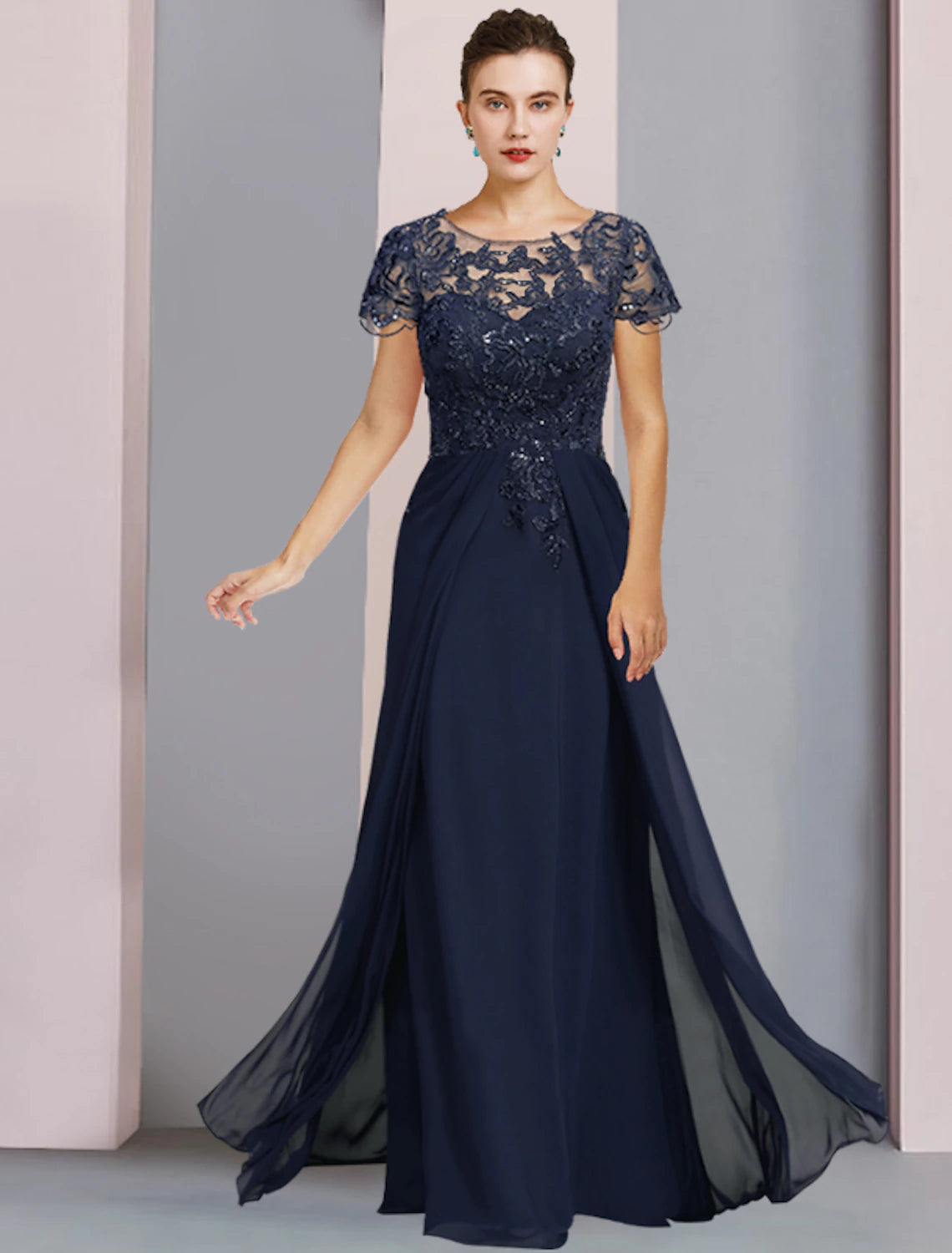 tulle wedding dressesSheath / Column Mother of the Bride Dress Formal Luxurious Elegant Scoop Neck Floor Length Chiffon Lace Short Sleeve with Sequin Appliques