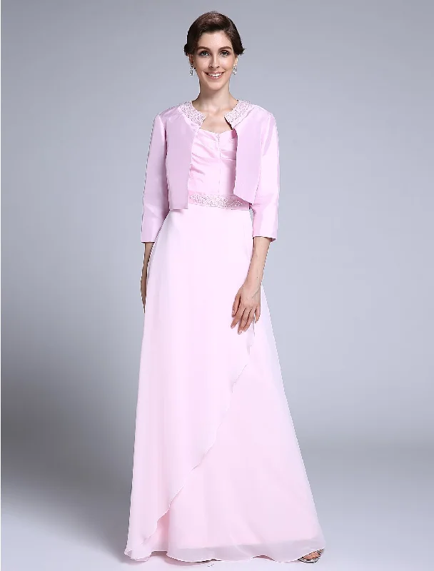 sustainable wedding dressesSheath / Column Mother of the Bride Dress Scoop Neck Floor Length Chiffon 3/4 Length Sleeve No with Beading