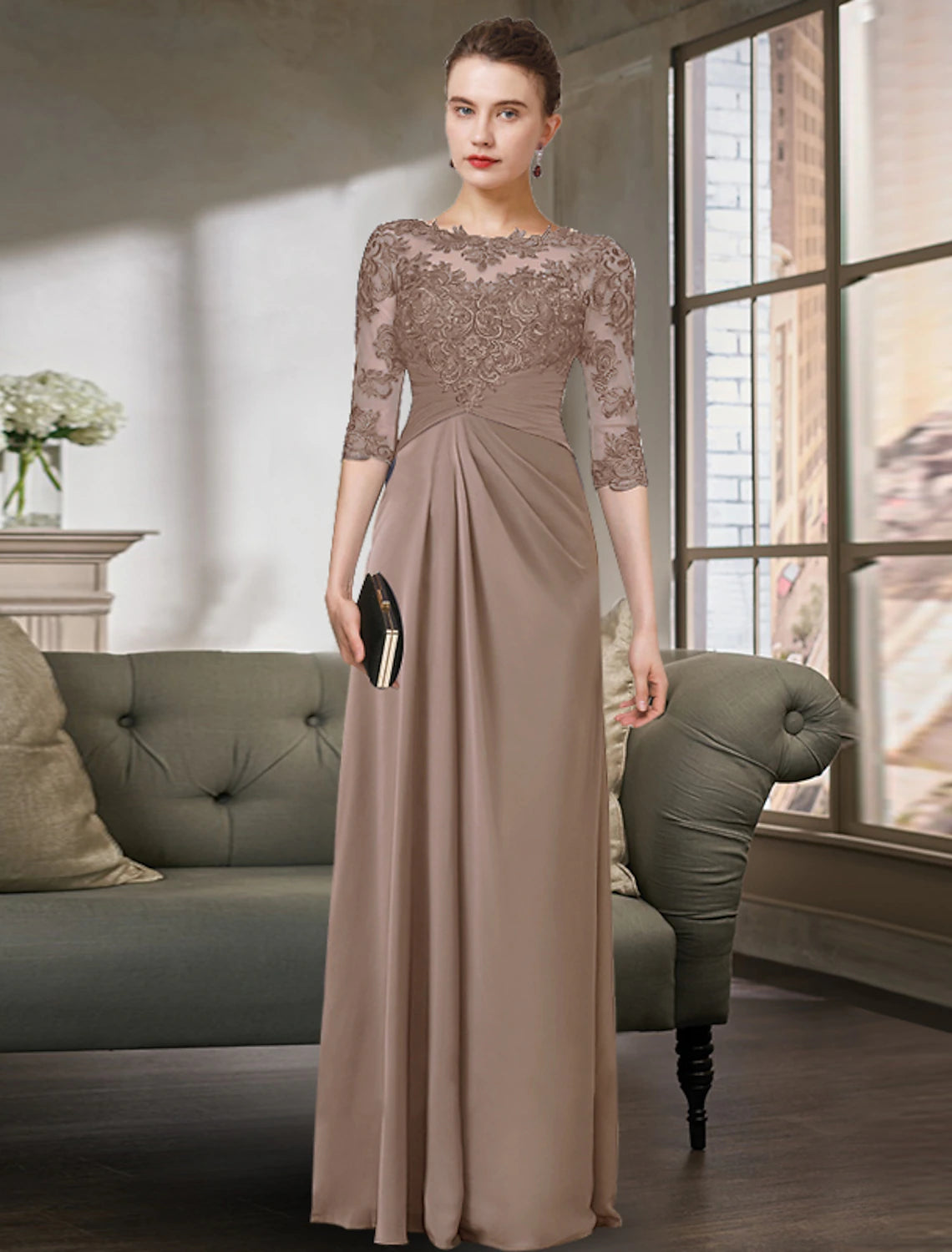 wedding dress with built-in petticoatSheath / Column Mother of the Bride Dress Simple Elegant Jewel Neck Floor Length Chiffon Lace Half Sleeve with Pleats Solid Color