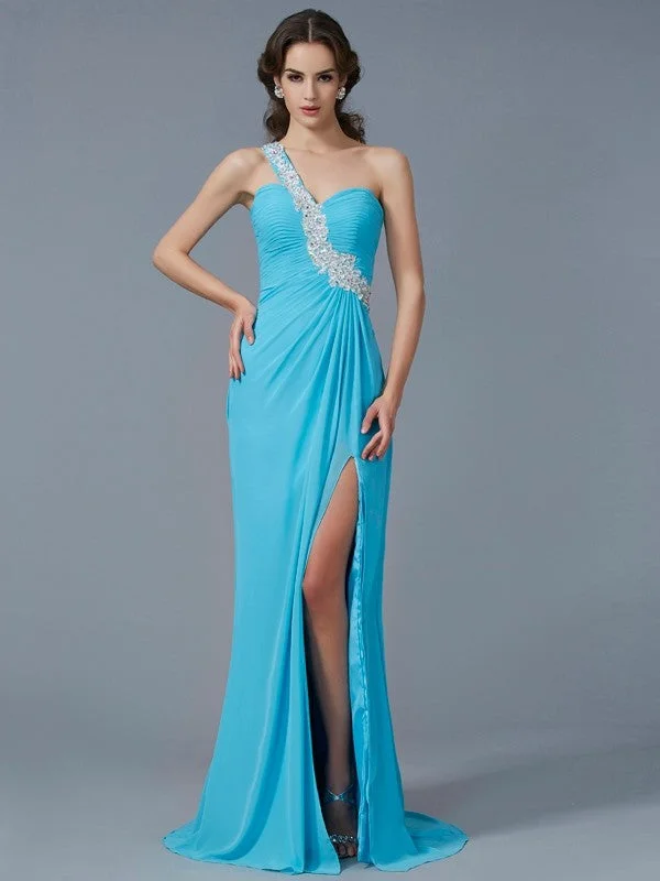 maxi dresses for casual FridaysSheath/Column One-Shoulder Sleeveless Beading Applique Long Chiffon Dresses