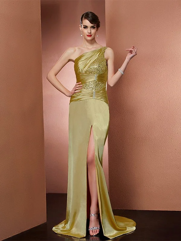 maxi dresses with back pocketsSheath/Column One-Shoulder Sleeveless Beading Long  Woven Satin Dresses