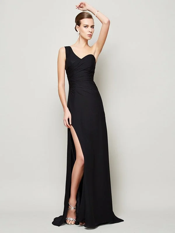 maxi dresses with appliquésSheath/Column One-Shoulder Sleeveless Pleats Long Chiffon Dresses