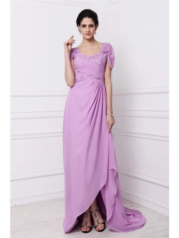 vintage elegance wedding dressesSheath/Column Square Short Sleeves Beading Embroidery Long Chiffon Mother of the Bride Dresses