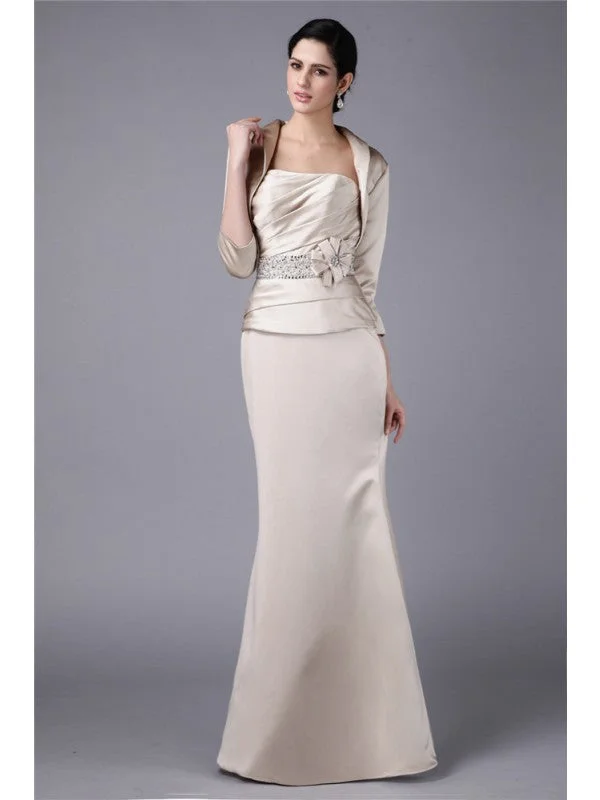 minimalist bohemian wedding dressesSheath/Column Strapless Beading Hand-Made Flower  Woven Satin Mother of the Bride Dresses